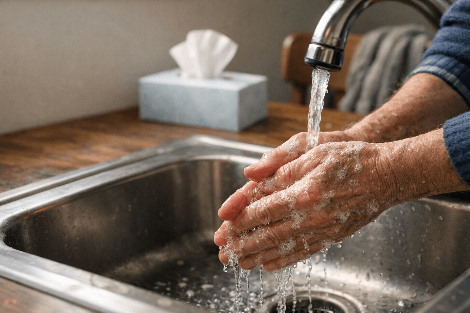 Older adult washing hands at a kitchen sink during cold and flu season